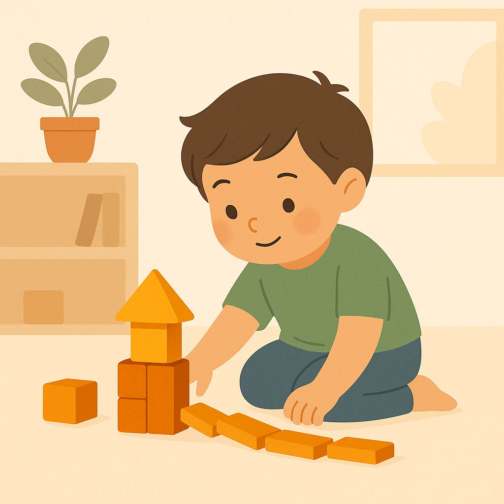 Child exploring cause and effect through block play in a calm, Montessori-inspired scene